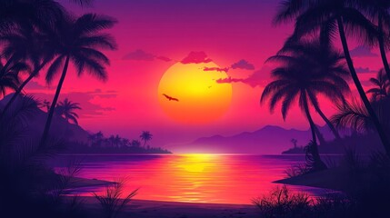 Vibrant sunset over a tranquil beach with palm trees and mountains.