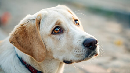 Labrador retriever with expressive eyes looking curiously outdoors