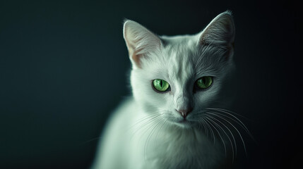 A lonely white cat in a black, green eyes on camera, minimalist and modern background 
