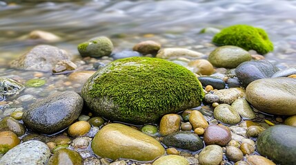 Serene Close-Up of Calming River Stones with Green Moss Detail