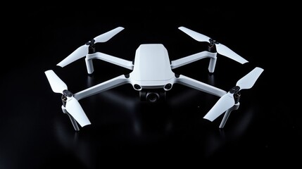 Naklejka premium White drone poised on black backdrop, ready for flight
