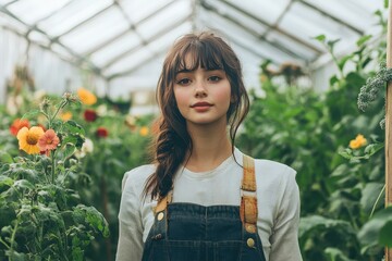 Young woman with bangs in overalls, amidst blooming flowers in a greenhouse. Ideal for blogs about gardening, fashion, or a natural, feminine aesthetic.