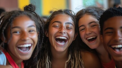 Fototapeta premium Group of students smiling and celebrating together, capturing the spirit of youth, learning, and friendship