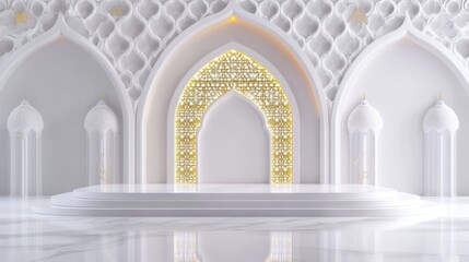 White Islamic architectural interior with golden archway, empty stage, for product display