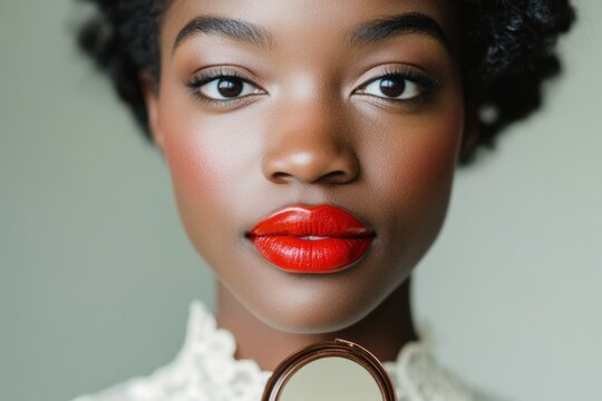 Bold Retro Glamour Vibrant Cherry Red Lip Editorial - Modern Professional Beauty, Empowerment and Timeless Cosmetic Storytelling for Gen Z Workplace Confidence - Powered by Adobe