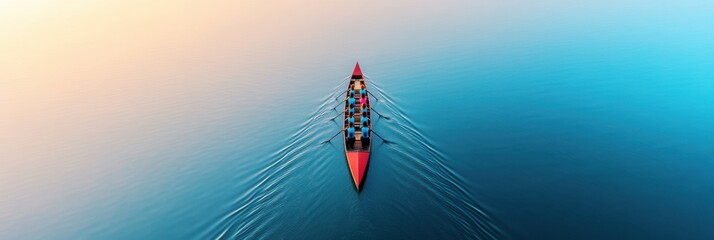 Dynamic Rowing Aesthetic Aerial View of Team in Racing Shell on Calm Water - Precision Teamwork for Competitive Sports Programs and Outdoor Fitness Marketing