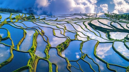 Breathtaking Aerial View of Rice Terraces Reflecting Sky