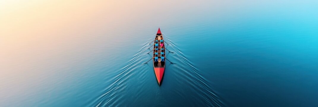 Dynamic Rowing Aesthetic Aerial View of Team in Racing Shell on Calm Water - Precision Teamwork for Competitive Sports Programs and Outdoor Fitness Marketing