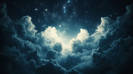 Naklejka premium Hyperrealistic night sky with deep blue hues, glowing stars and wispy clouds, symbolizing mystery, infinite possibilities, and cosmic wonder in a modern artistic atmosphere