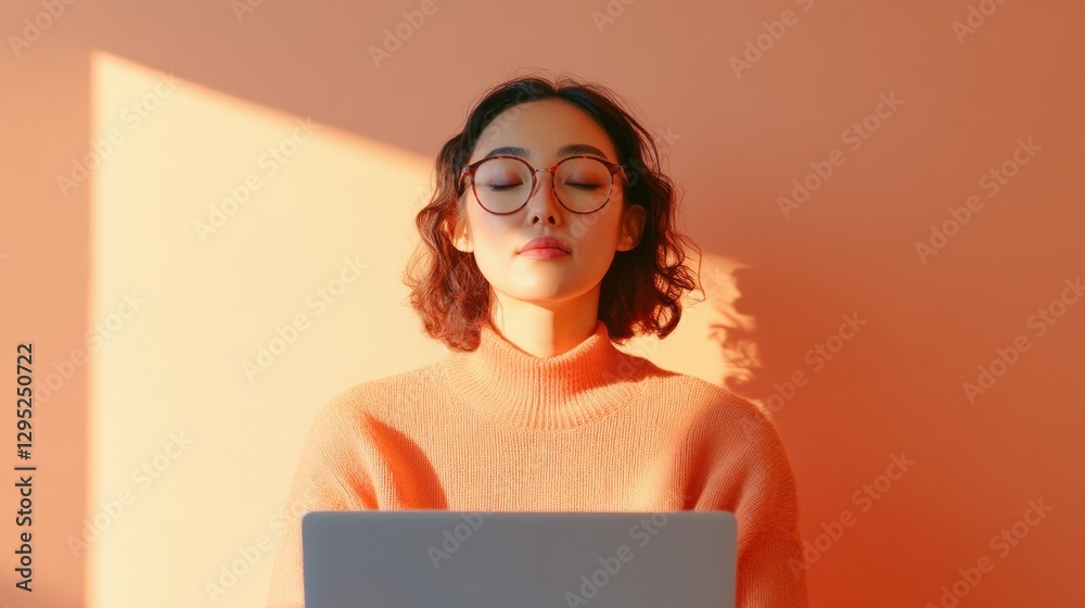 Poster mindful digital wellness gen z professional embracing calm tech interaction with soft monochromatic 