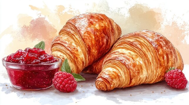 croissant with butter and jam isolated catoon style