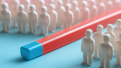 A representation of attraction and marketing strategies featuring a large magnet surrounded by small white figures symbolizing customers and market dynamics in a blue and pink color scheme.
