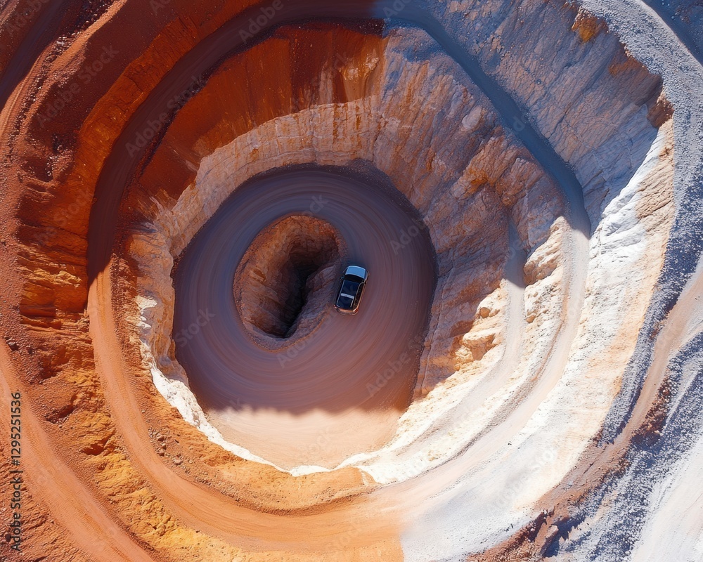 Poster Aerial Vision of Terraced Open-Pit Mine Spiral Access Roads and Rock Layers - Dynamic Resource Extraction Content for Modern Mining and Earth Science Industries