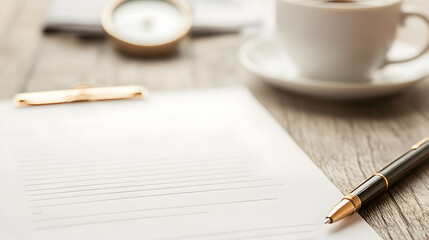 A structured and well-designed smart goal-setting worksheet sits on a natural wooden surface, surrounded by workspace essentials. A quality pen rests beside the paper, ready for action. In the softly
