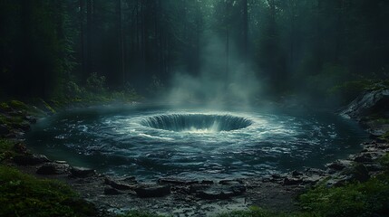 Forest whirlpool, swirling water, dark mystic scene, background trees, fantasy backdrop