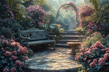 Obraz premium Charming wooden bench nestled in a tranquil garden surrounded by colorful blooms and lush greenery
