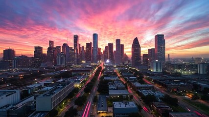 Vibrant sunrise over city skyline, traffic trails
