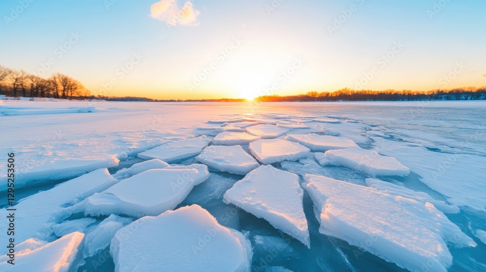 Poster climate resilience visualized dramatic polar vortex landscape with fractured ice sheets, sunset illu