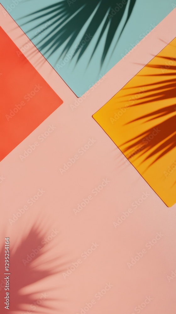 Aufkleber minimalist tropical geometry vibrant color block design with palm leaf shadows - contemporary abstra