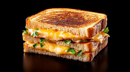 Deliciously toasted sandwich with melted cheese and fresh greens on a black background