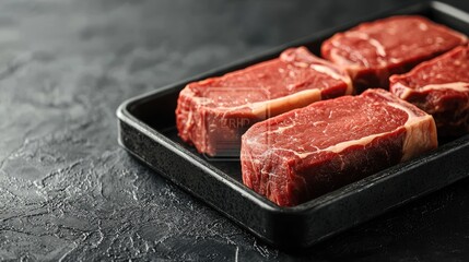 Fototapeta premium Fresh Raw Beef Steaks on Black Plate Ready for Cooking