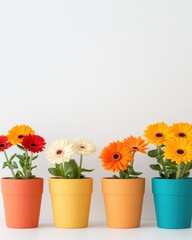 Fototapeta premium Vibrant Gerbera Daisy Collection Sustainable Garden Center Decor Showcasing Colorful Ceramic Pots and Joyful Botanical Diversity for Modern Lifestyle Marketing