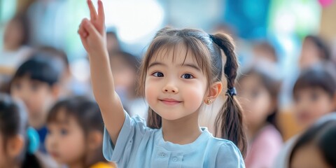 A joyful young Asian girl with a cheerful smile raises her hand to ask a question in a bright classroom filled with eager classmates during a lively learning session.