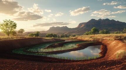 Serene sunset view of terraced rice paddies. Illustrates sustainable agriculture & water management.