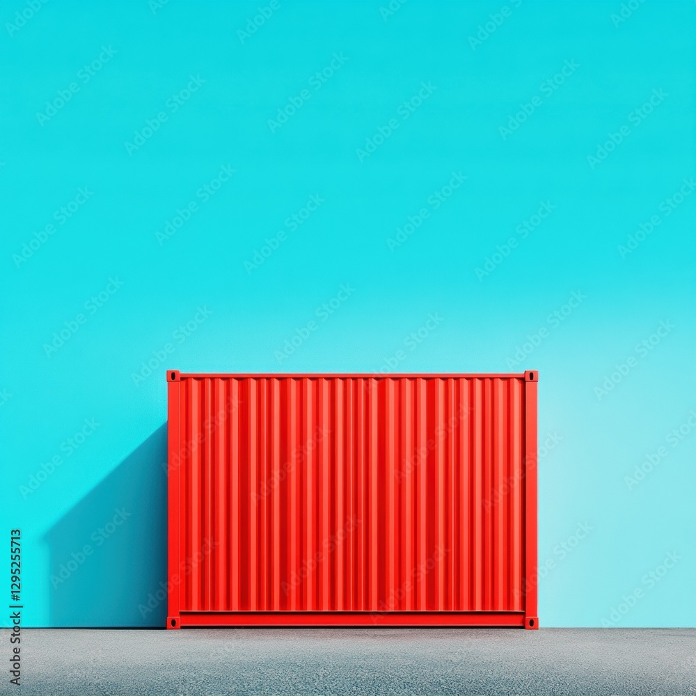 Poster minimalist global logistics concept bold red shipping container in vibrant cyan backdrop - modern in