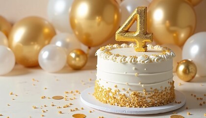 Fototapeta premium White Frosted Cake with Gold Number 4 Candle and Balloons for 4th Birthday Celebration 