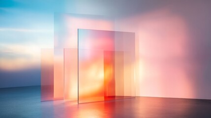 Abstract, colorful glass panels, illuminated by sunset light, modern interior