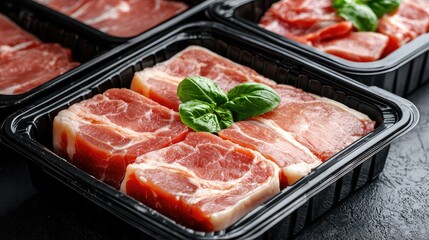 Fresh Raw Meat Cuts with Basil Leaf in Black Plastic Tray