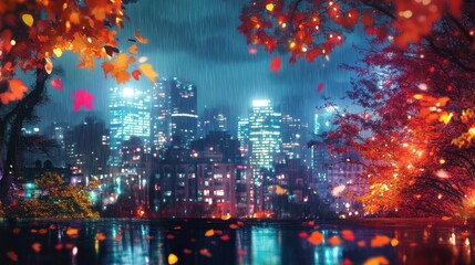 A vibrant cityscape at night with autumn leaves and rain.