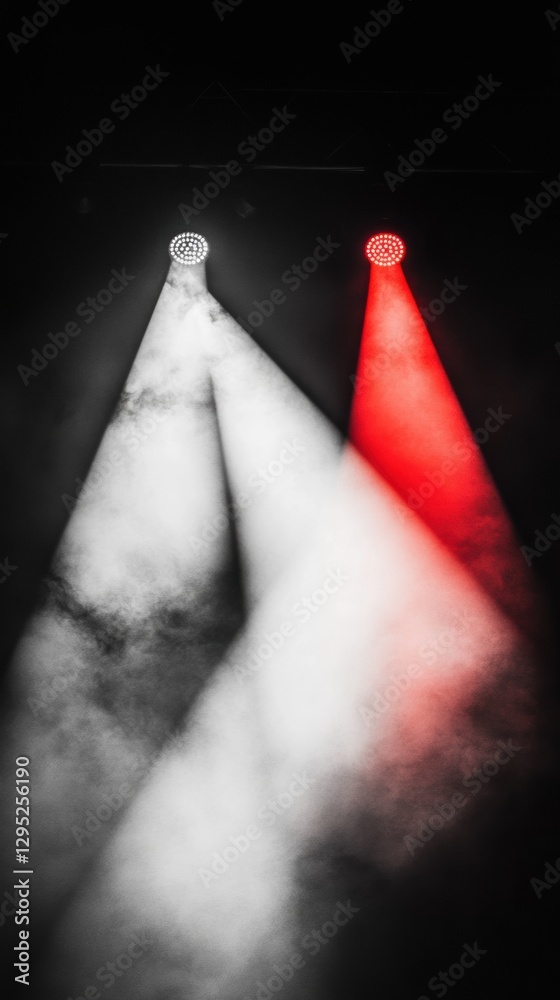 Poster cinematic stage design dramatic white and red spotlights with atmospheric smoke creating immersive e