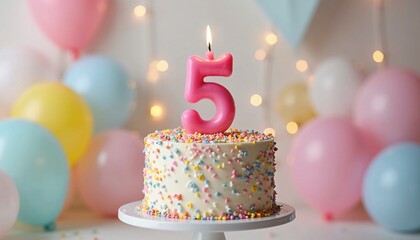 5th Birthday Cake with Number 5 Candle and Pastel Balloons
