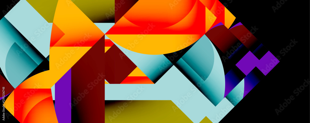 Poster Abstract geometric composition with interlocking circular and angular shapes, featuring smooth gradients and sharp contrasts on a white background