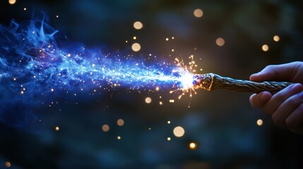 Wizard hand casting magic spell with wand, glowing blue sparks, bokeh lights