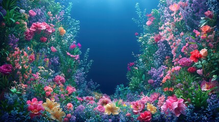 A beautiful arrangement of various flowers and plants set against a bright blue background creating a vibrant scene