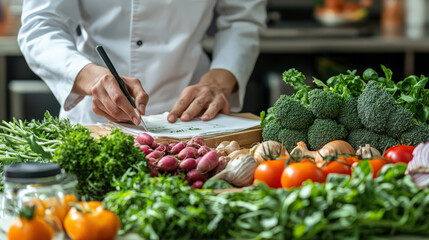 chef in kitchen writes notes surrounded by fresh vegetables, including broccoli, tomatoes, and herbs, showcasing focus on healthy cooking and meal preparation