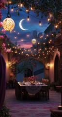Fototapeta premium Evening dinner party in a Moroccan courtyard