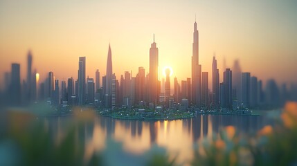 Obraz premium Sunrise City Skyline Reflection Peaceful Urban Landscape
