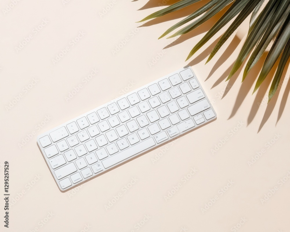 Aufkleber minimalist digital workspace sleek wireless keyboard with tropical palm shadow - modern remote work 