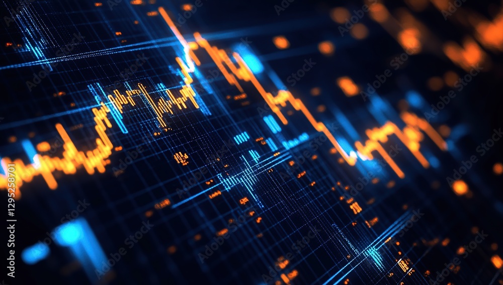 Poster abstract data visualization: dynamic orange and blue chart on dark grid background