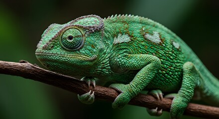 Fototapeta premium Close-Up of a Green Chameleon Perched on a Branch in a Tropical Habitat