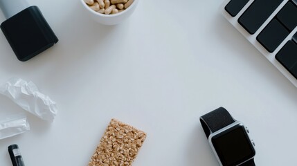 Obesity drug beside a protein bar and a fitness watch on a clean desk. Featuring health and productivity