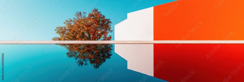 Poster minimalist architectural symmetry autumn tree reflects against bold geometric color blocks in surrea