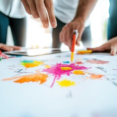Creative Collaboration Unleashed Design Team Exploring Vibrant Brainstorming Process with Color-Driven Innovation and Strategic Visual Mapping