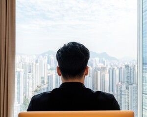 Fototapeta premium Urban Connectivity Minimalist Professional Overlooking Futuristic Cityscape - Digital Nomad Workspace with Panoramic Inspiration and Global Perspective
