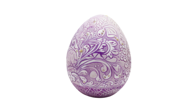 Purple decorated easter egg with golden details on transparent background