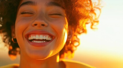 Vibrant Joyful Expression Sunlit Curly Hair Woman Smiling for Modern Wellness and Beauty Marketing - Authentic Natural Glow for Diverse Millennial Audience